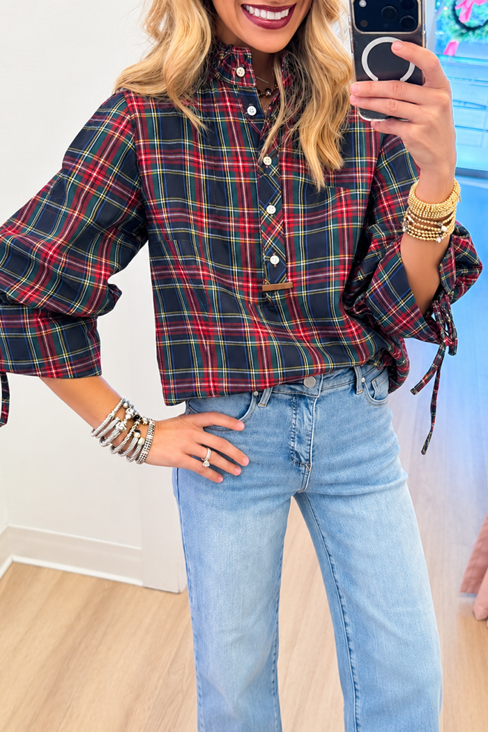 Casual Plaid Long Puff Sleeve Top