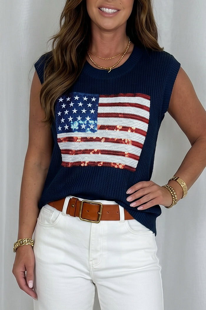 Patriotic Sequin Flag Ribbed Cap Sleeve Top