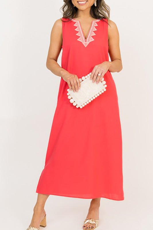 Embroidery Sleeveless Pocket Midi Dress