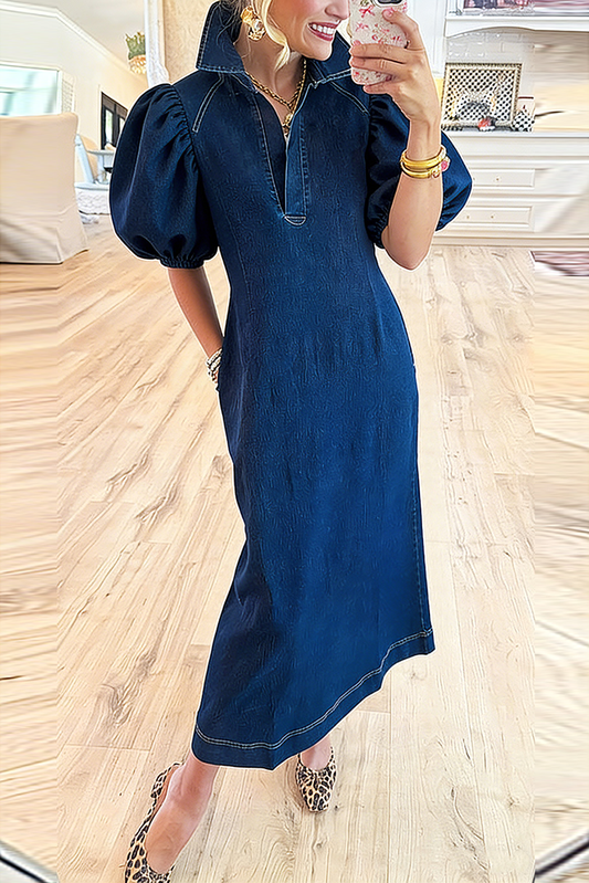 Collared Puff Sleeve Pocket Denim Maxi Dress