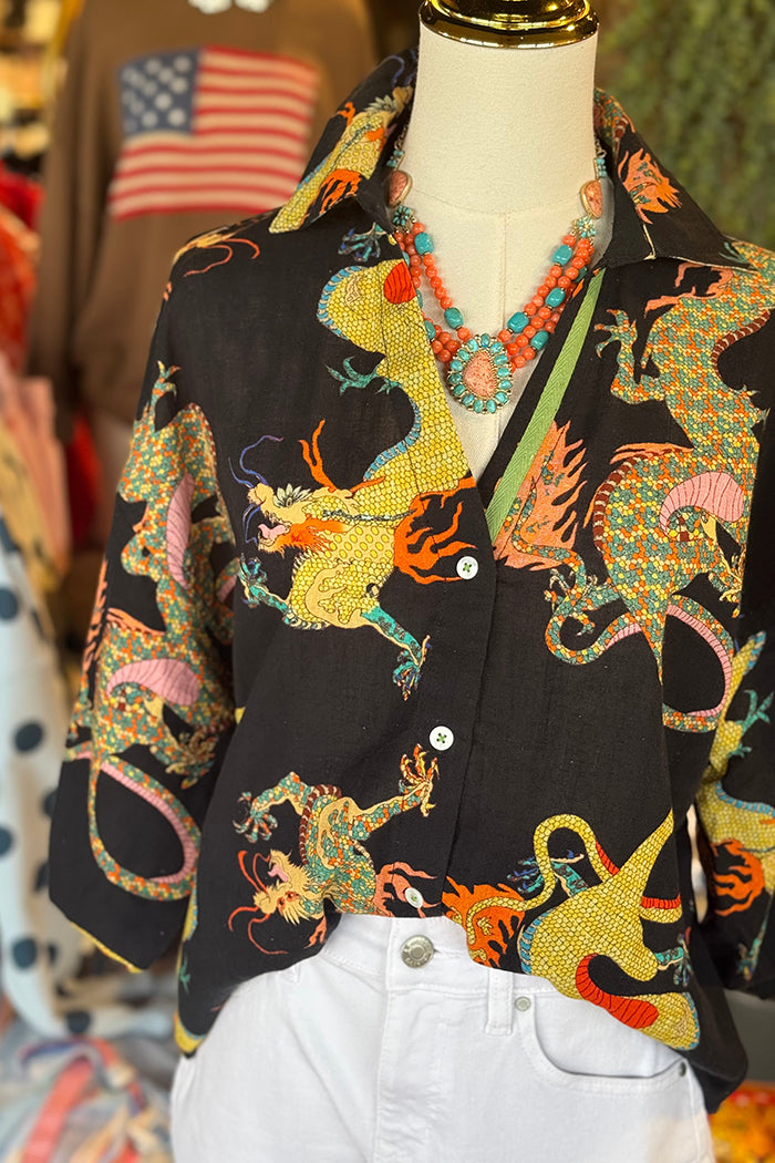 Casual Button Front Dragon Print Top