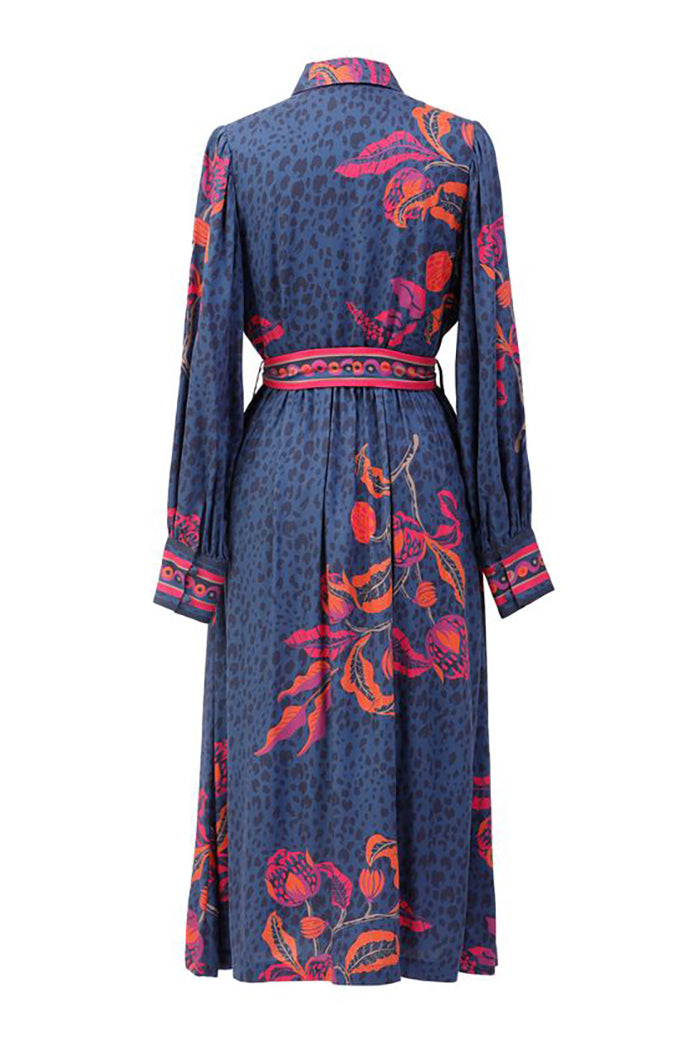 Leopard & Leaf Print Belted Collared Shirt Dress