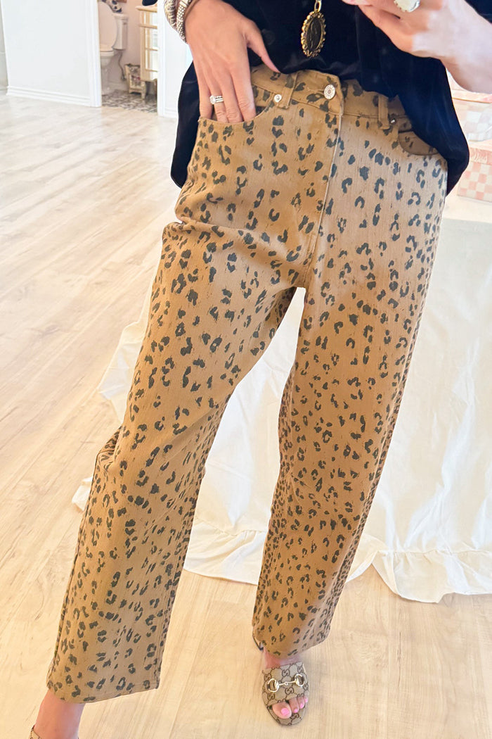Camel Leopard Print Wide Leg Pants