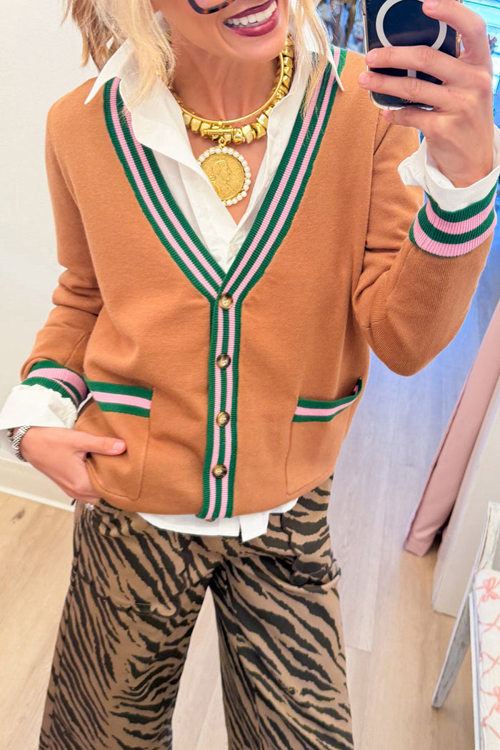 Camel Striped Trim Pocket Cardigan