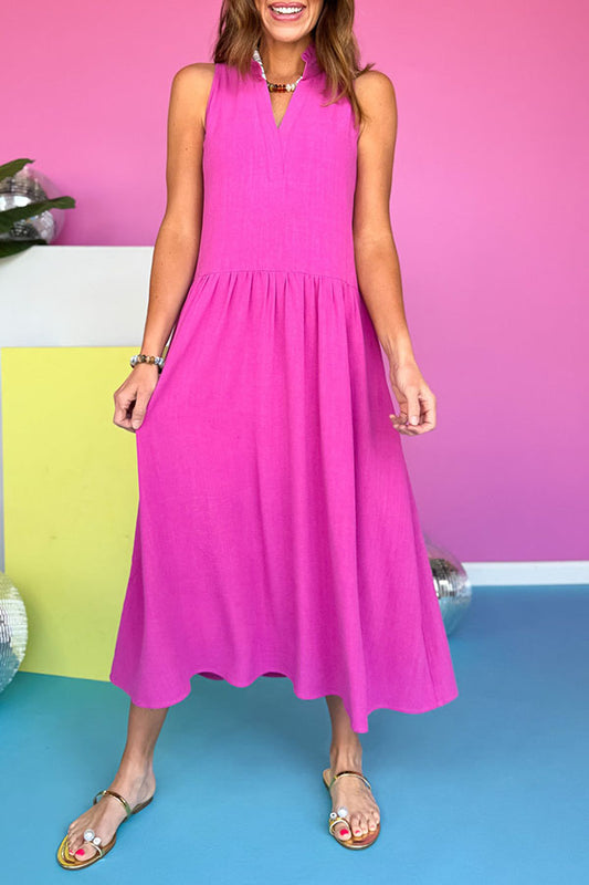 Frill Neck Drop Waist Linen Dress