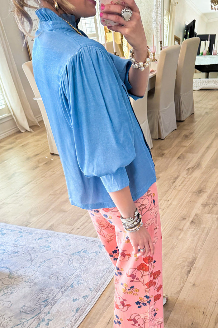 Ruffle Neck Puff Sleeve Blouse