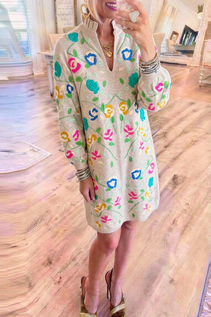 Oatmeal Floral Embroidery Ruffle Collar Long Sleeve Sweater Dress