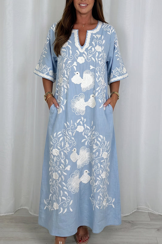 Light Bliue Half Sleeve Floral Maxi Dress