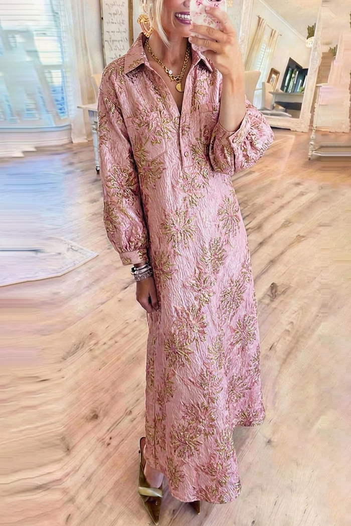 Metallic Floral Jacquard Shirt Collar Pocket Maxi Dress