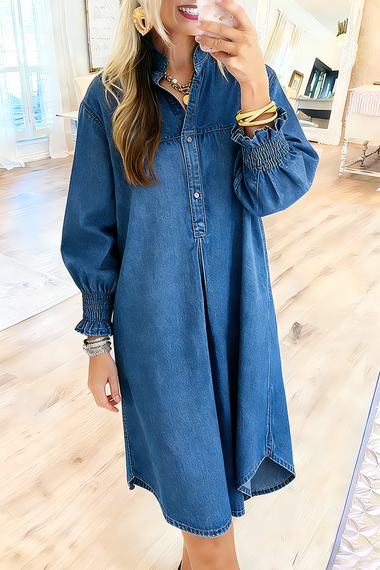 Smocked Cuff Half Placket Denim Dress