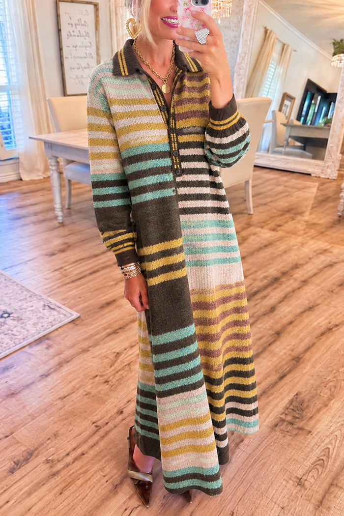 Colorful Striped Pocket Knit Maxi Dress