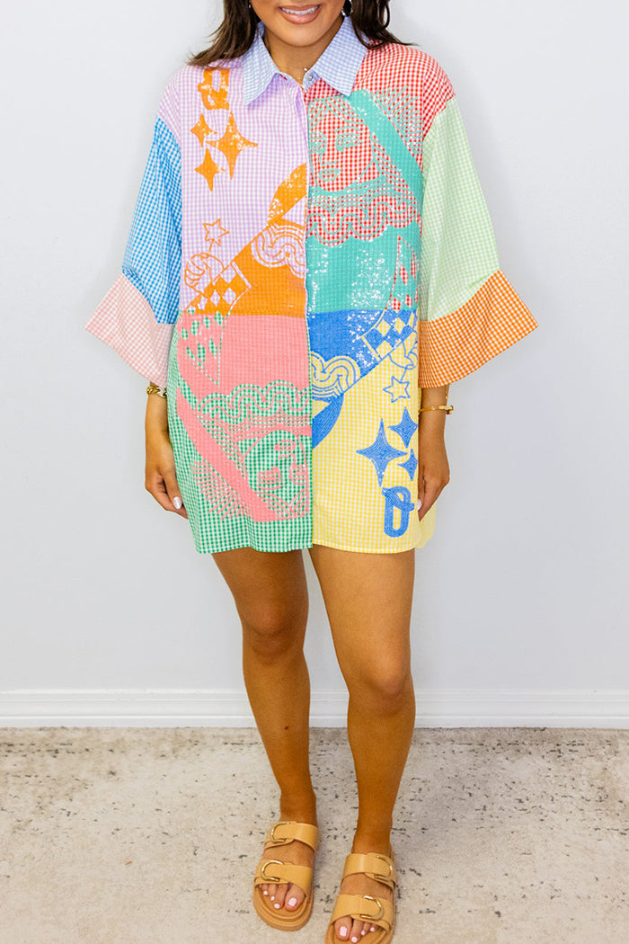 Colorblock Graphic Gingham Button Up Tunic