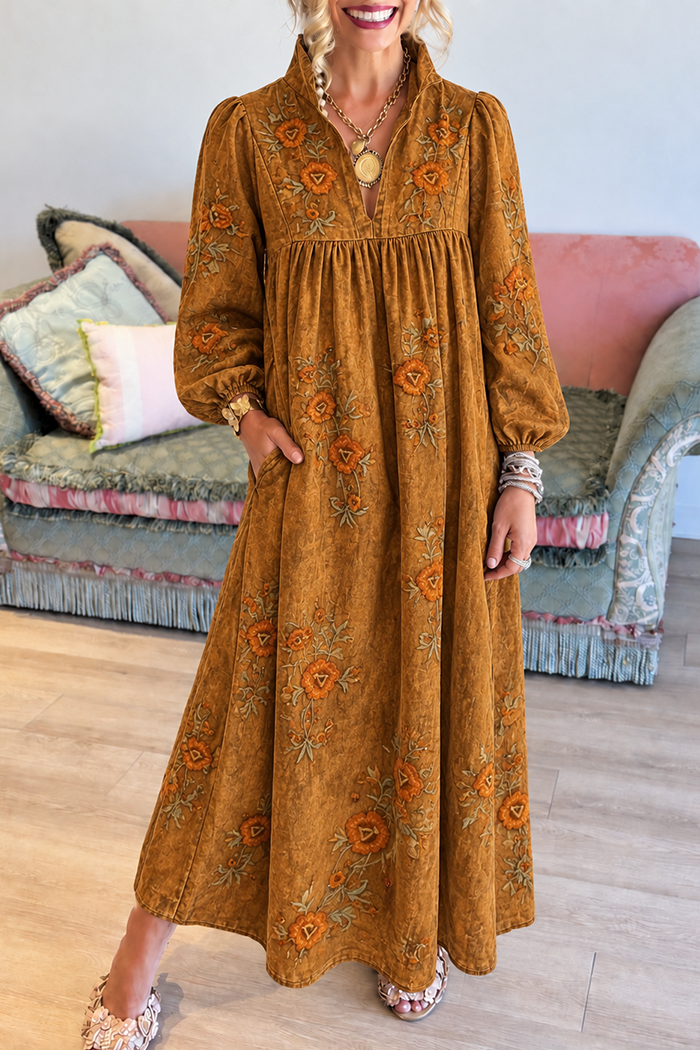 Caramel Floral Embroidery Stand Collar Pockets Maxi Dress