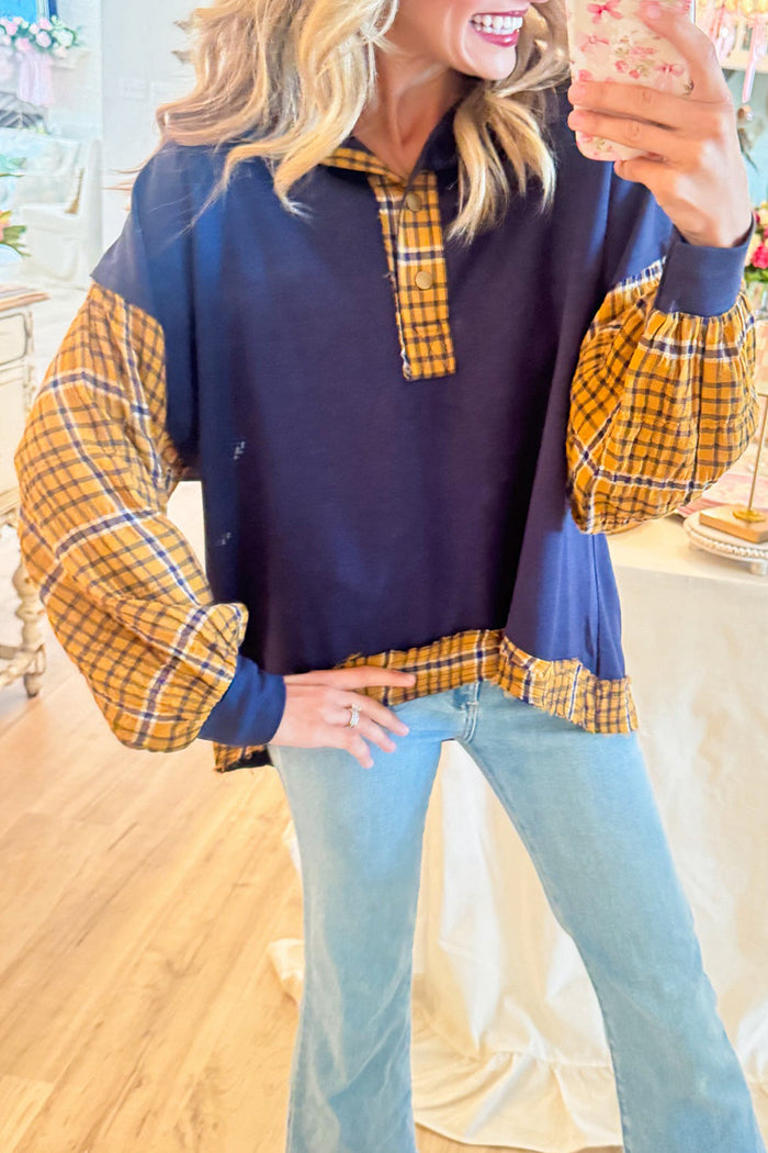 Navy Plaid Contrast Half Button Long Sleeve Pullover