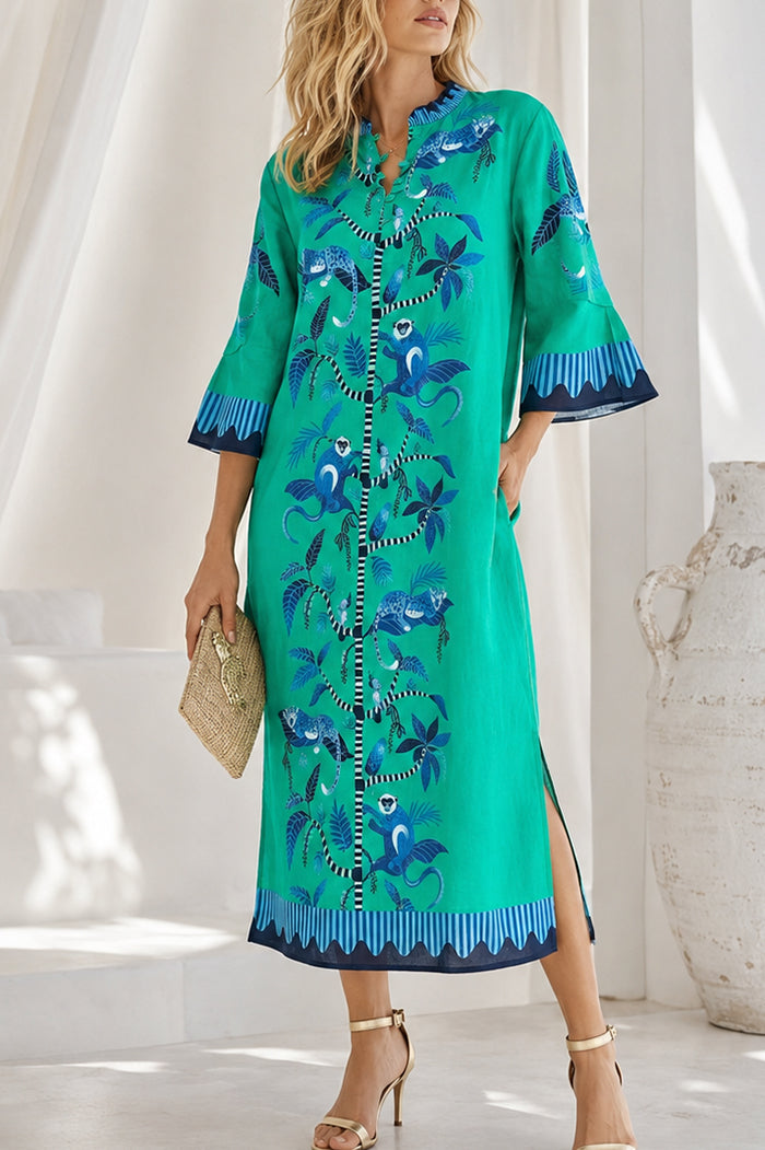 Printed Pocket Split Hem Bell Sleeve Dress
