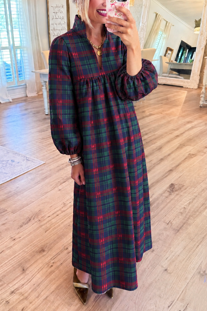 Plaid Long Bubble Sleeves Pocket Maxi Dress