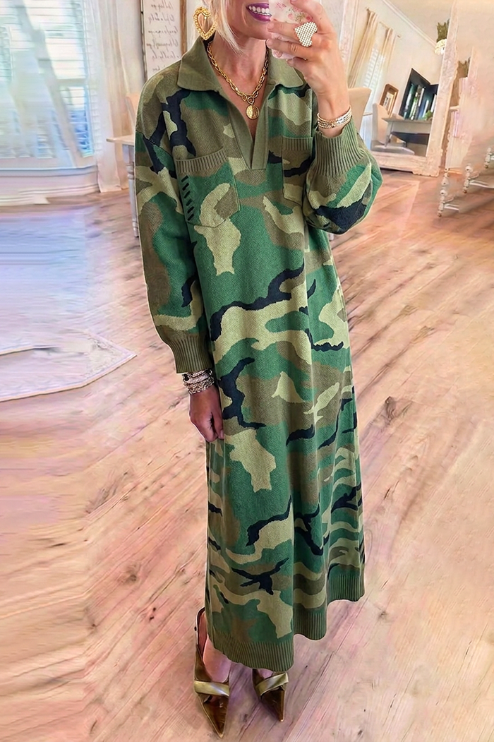 Collared Camo Knit Pocket Maxi Dress