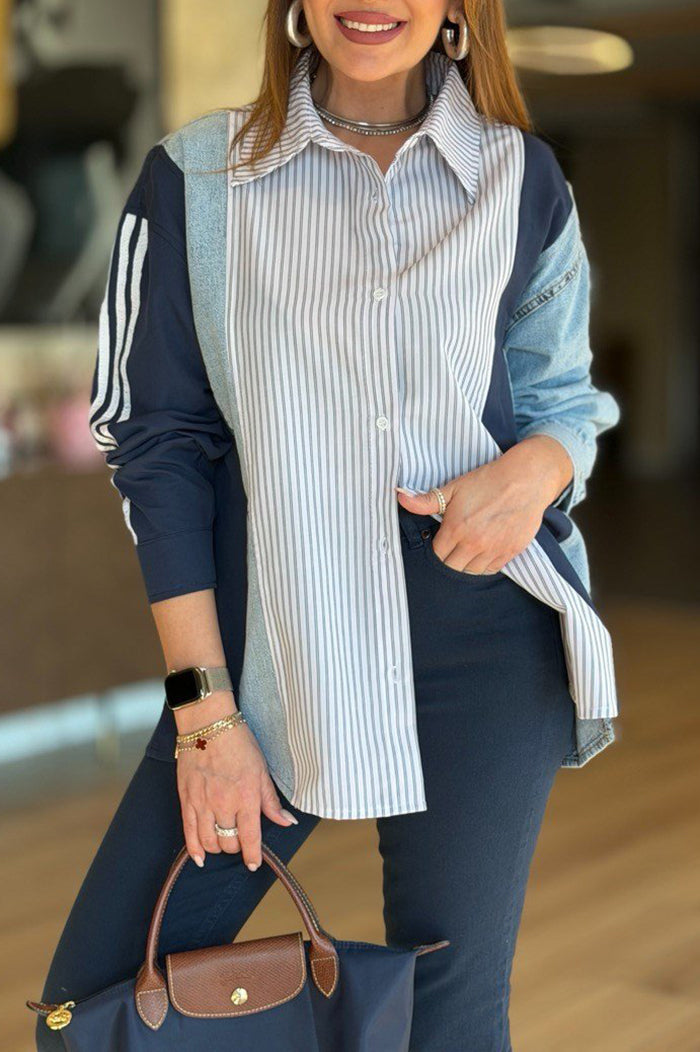 Color Block Denim Pinstripe Shirt Top