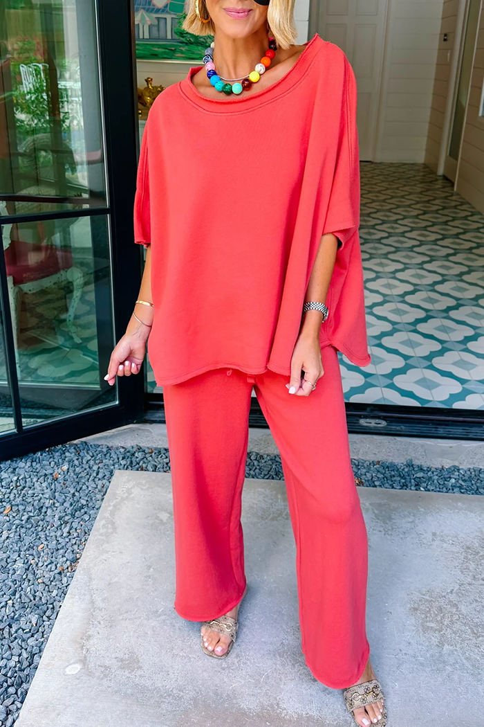 Casual Short Sleeve Wide Leg Drawstring Waist Set