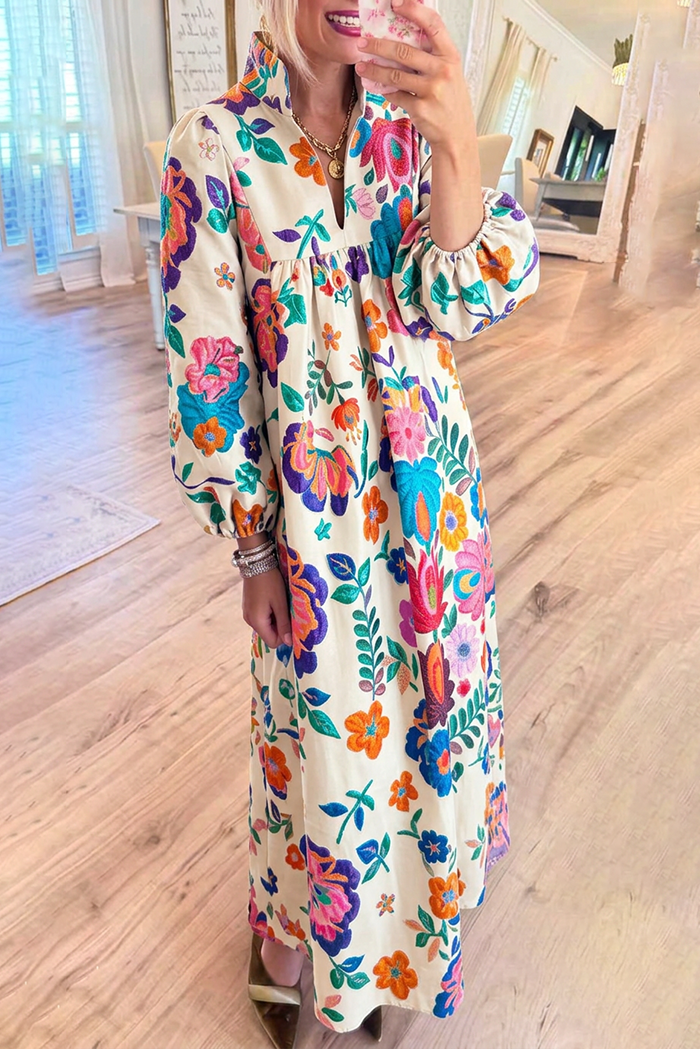 Colorful Floral Stand Collar Balloon Sleeves Pockets Maxi Dress