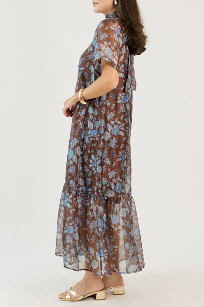 Mock Neck Short Sleeve Back Tie Floral Tiered Maxi Dress