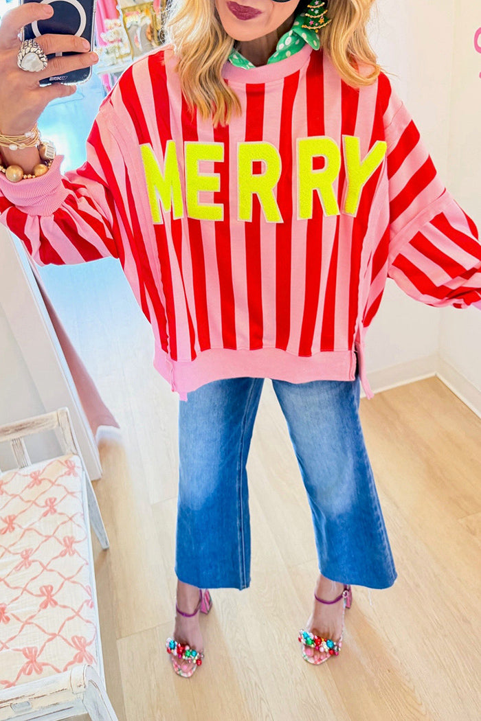 Red Pink Stripe Embroidered Sweatshirt
