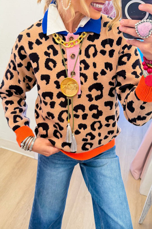 Leopard Color Block Collared Sweater
