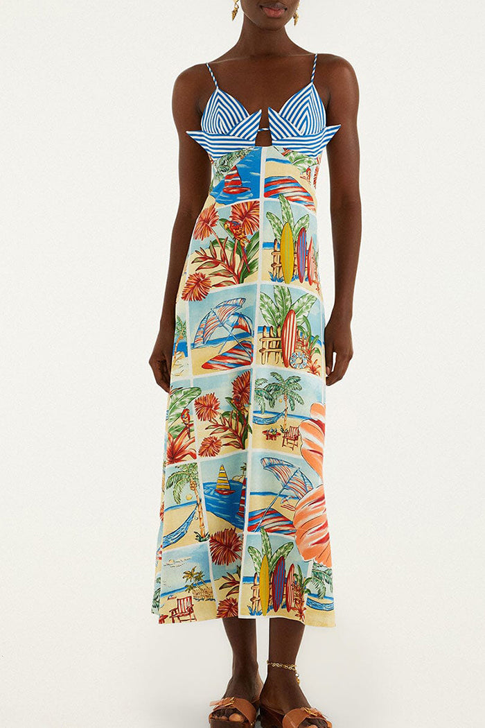 Tropical Vacation Print Striped Strap Maxi Dress