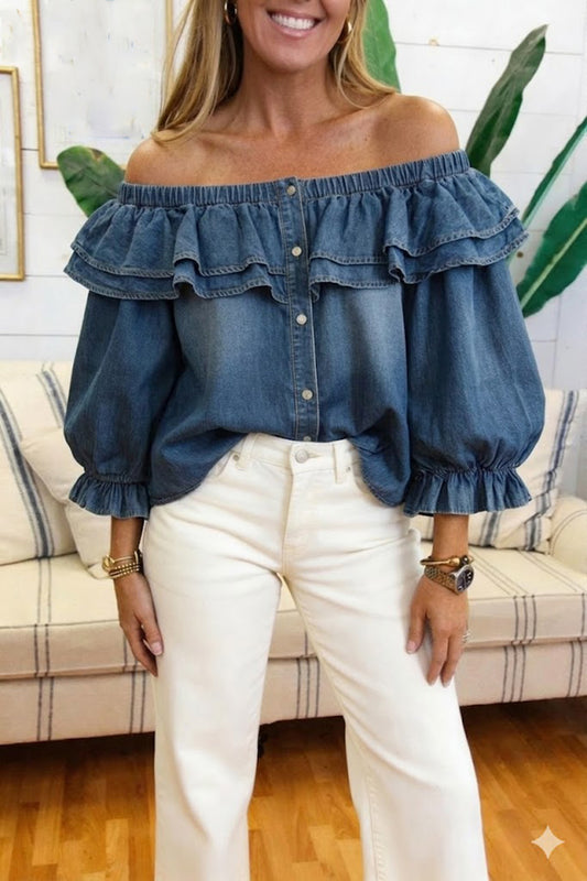 Off Shoulder Ruffle Denim Top