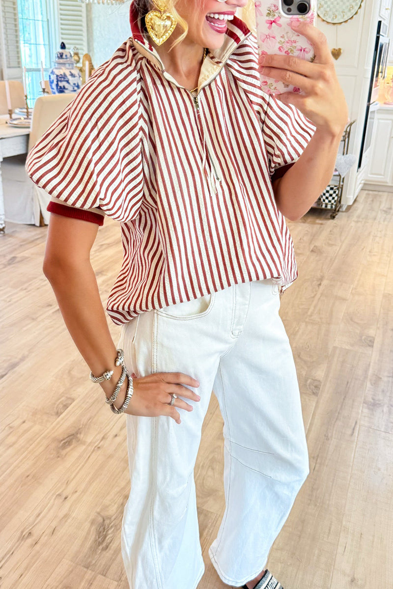 Stripe Half Zip Puff Sleeves Top