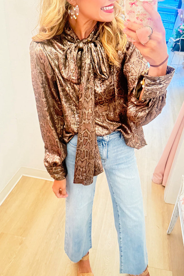 Olive Animal Motif Tie Neck Long Sleeve Top