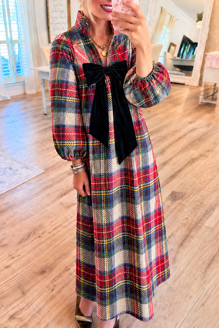 Multi-Color Plaid Velvet Bow Pocket Maxi Dress