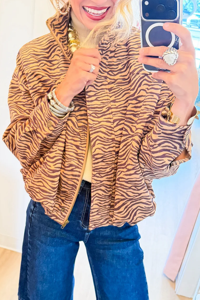 Tiger Print Stand Collar Elastic Hem Pockets Jacket