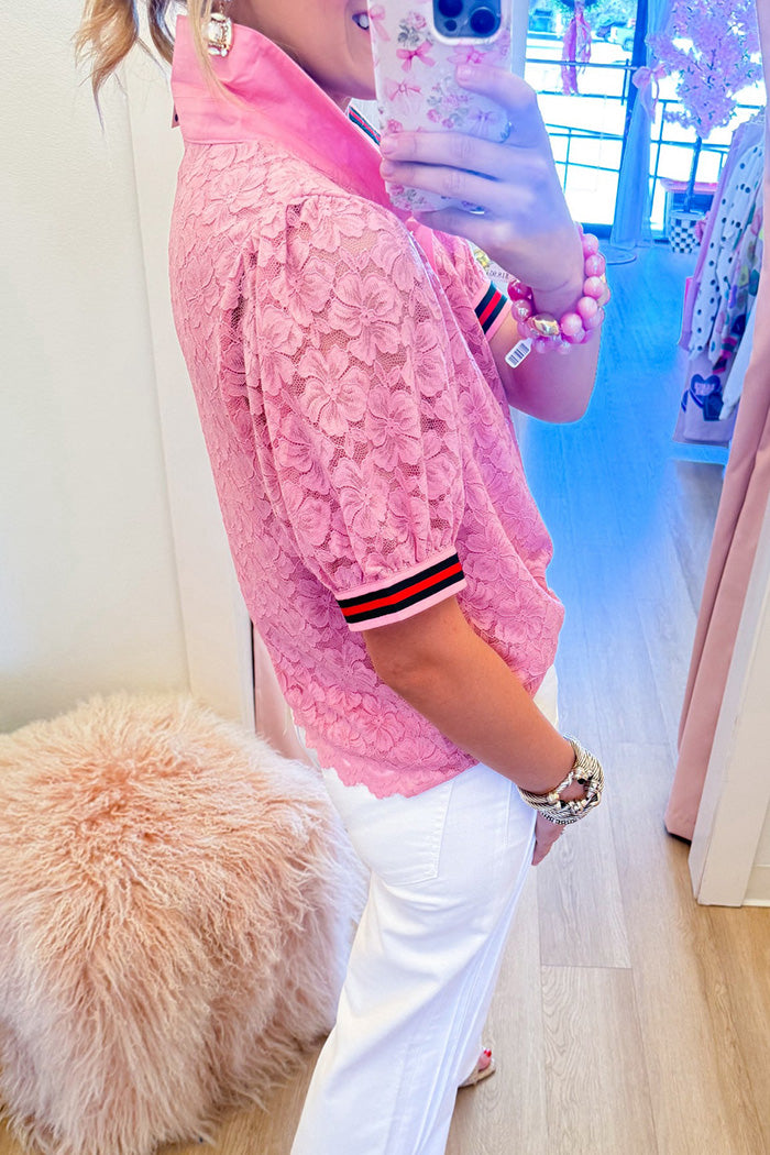 Contrast Stripe Lace Collared Button Top