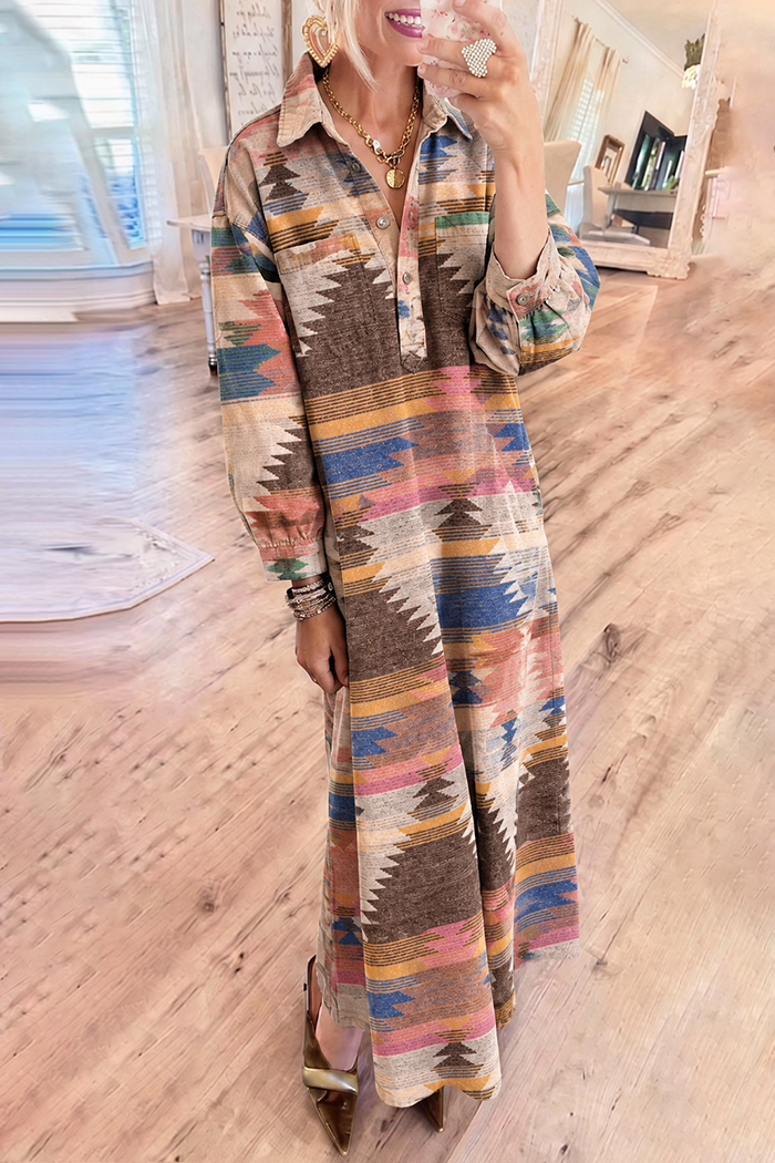Southwest Geometric Pocket Denim Maxi Dress