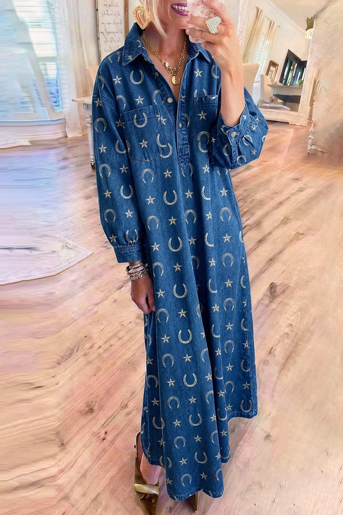 Dark Wash Denim Collared Long Sleeve Star Maxi Dress