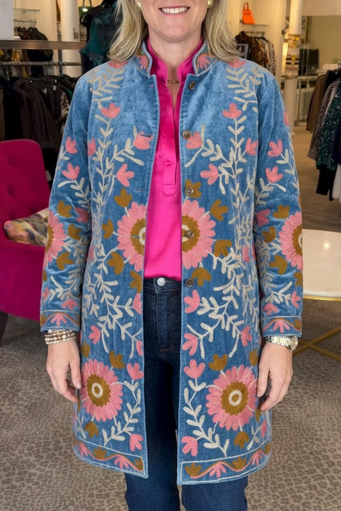 Velvet Floral Embroidered Stand Collar Button Pocket Jacket