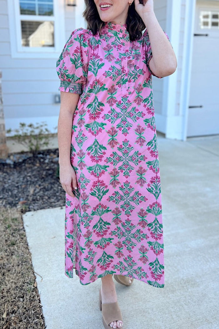 Floral Puff Sleeve Pocket Dress