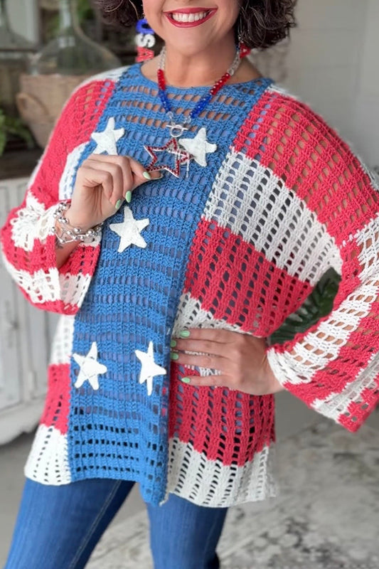 Patriotic Star Color Block Open Knit Sweater