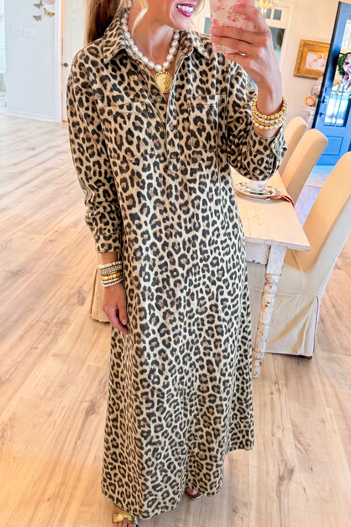 Casual Pocket Leopard Denim Dress
