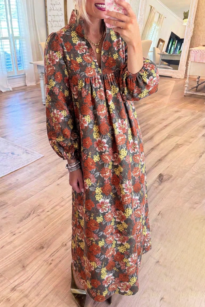Vintage Floral Puff Sleeve Maxi Dress
