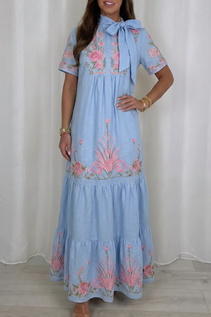Casual Ruffles Hem Embroidered Dress