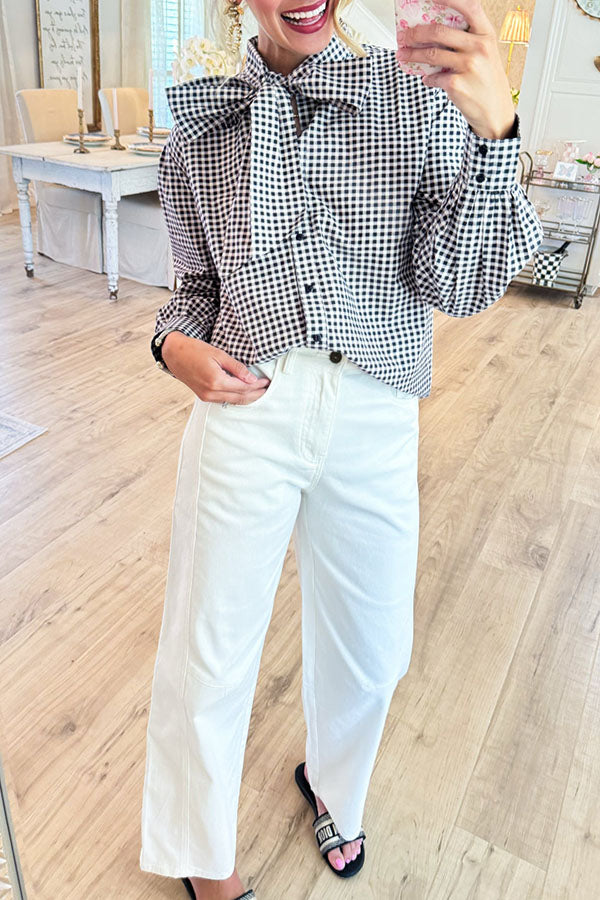 Black Gingham Bow Button Up Top