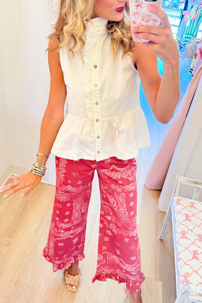 Ruffled Collar Sleeveless Button Front Peplum Top