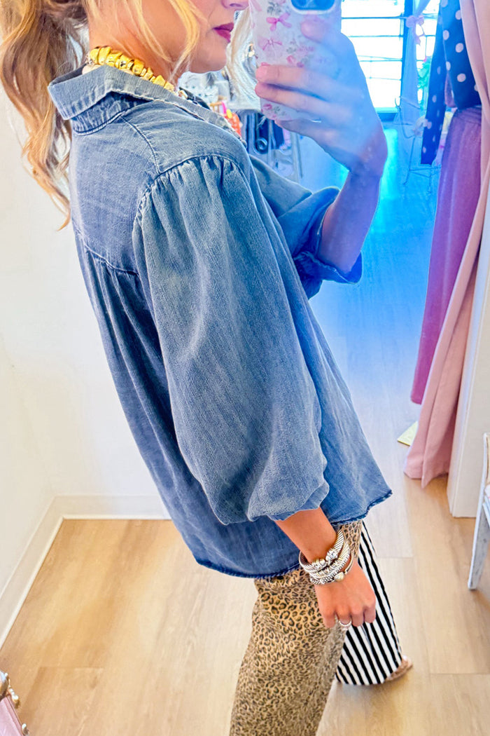 Washed Denim Bubble Sleeve Top