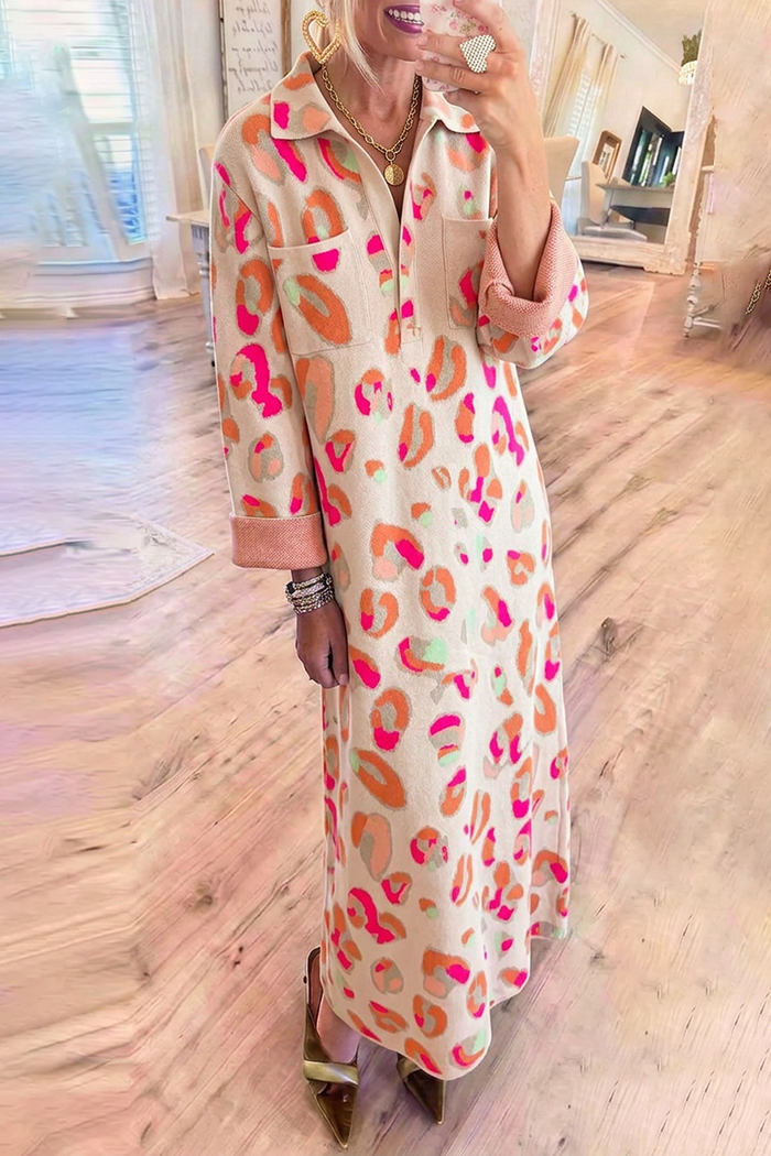 Colorful Leopard Jacquard Collared Pockets Maxi Sweater Dress