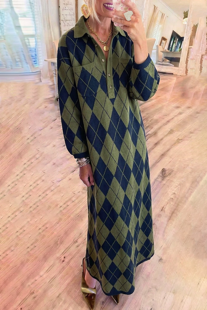 Green Navy Argyle Knit Collared Pockets Maxi Dress