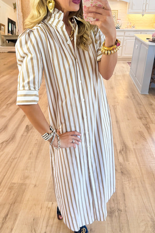 Stripe Ruffle Collar Pockets Dress