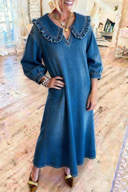 Ruffled Collar Denim Midi Dress