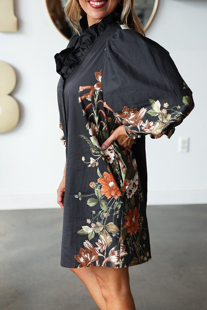 Button Front Floral Side Pocket Dress